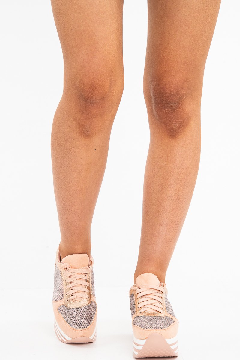 Pink Glitter Mesh Lace Up Platform Trainers - Hennie-Trainers