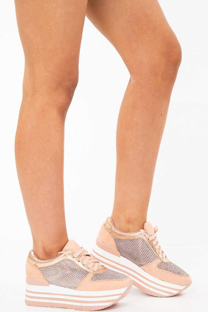 Pink Glitter Mesh Lace Up Platform Trainers - Hennie-Trainers