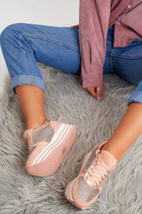 Pink Glitter Mesh Lace Up Platform Trainers - Hennie-Trainers