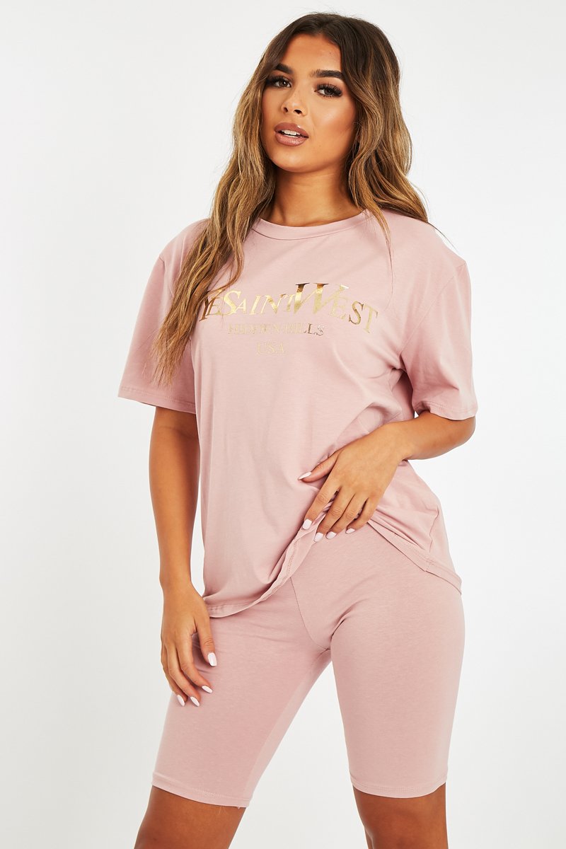 Pink Gold Beverly Hills T-shirt Cycling Shorts Co-ord - Laura-Co-ords