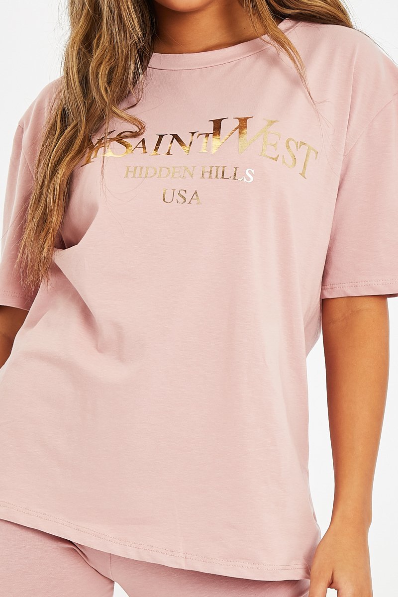 Pink Gold Beverly Hills T-shirt Cycling Shorts Co-ord - Laura-Co-ords