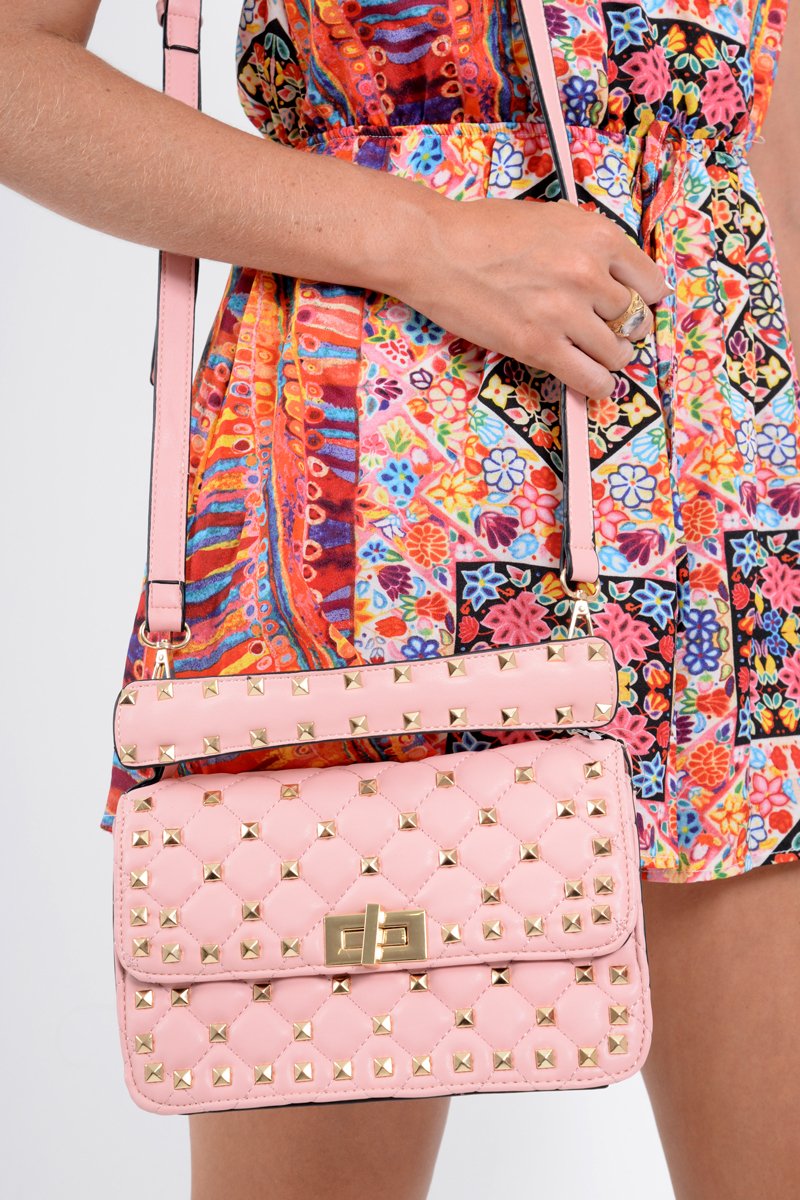 Pink Gold Studded Cross Body Bag - Giabella-Bags