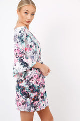 Pink Graphic Floral Off Shoulder Frill Dress - Arleen-Dresses