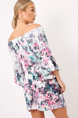 Pink Graphic Floral Off Shoulder Frill Dress - Arleen-Dresses