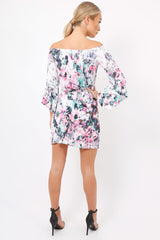Pink Graphic Floral Off Shoulder Frill Dress - Arleen-Dresses