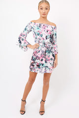 Pink Graphic Floral Off Shoulder Frill Dress - Arleen-Dresses