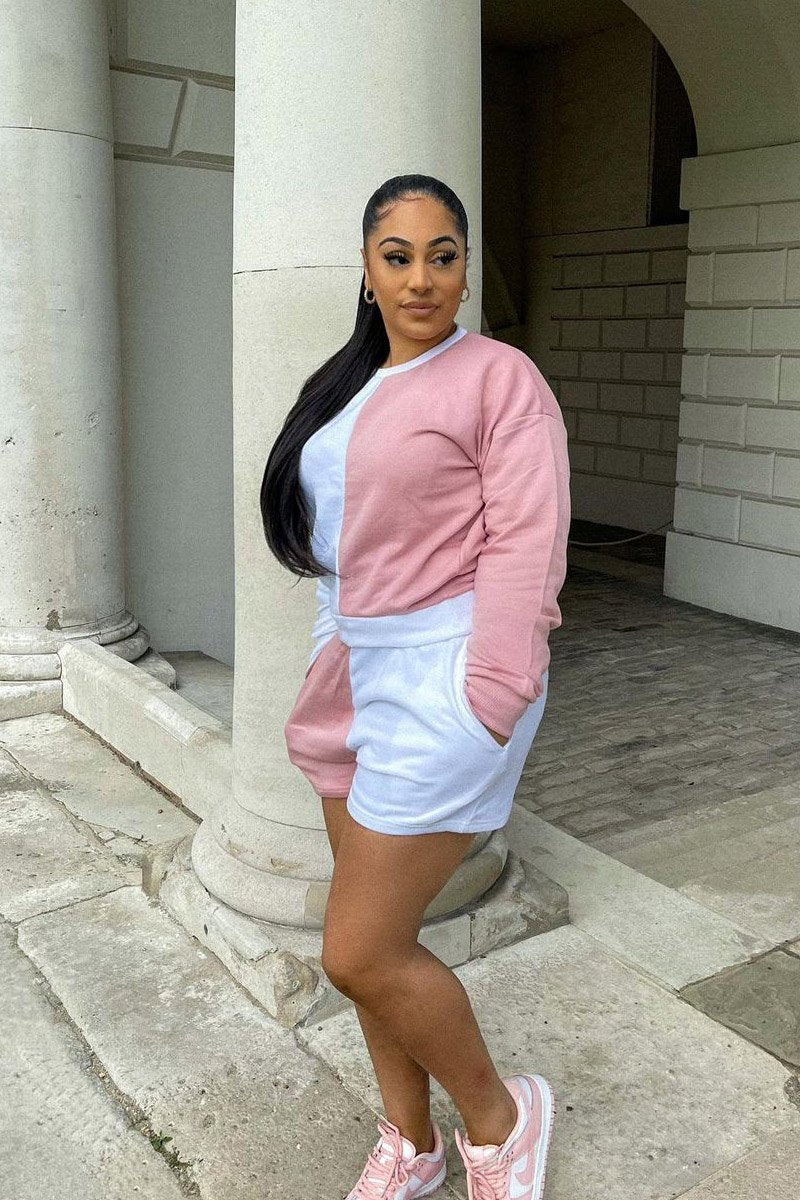 Pink Half Splice Contrast Shorts - Erin-Shorts