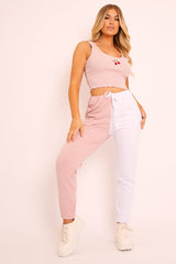 Pink Half White Elasticated Waist Joggers - Dasha-Joggers
