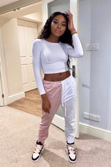 Pink Half White Elasticated Waist Joggers - Dasha-Joggers