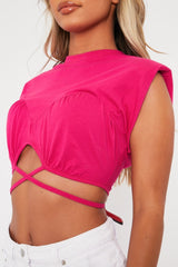 Pink Hem Tie Shoulder Pad Crop Top - Riya-Crop Tops