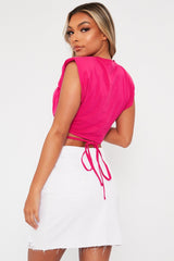 Pink Hem Tie Shoulder Pad Crop Top - Riya-Crop Tops