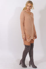 Pink High Neck Cut Out Distressed Jumper Dress - Adalyn-Jumper