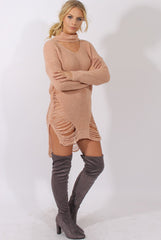 Pink High Neck Cut Out Distressed Jumper Dress - Adalyn-Jumper