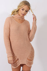 Pink High Neck Cut Out Distressed Jumper Dress - Adalyn-Jumper
