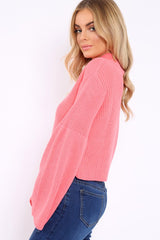 Pink High Neck Flared Sleeve Jumper - Aloni-Jumper