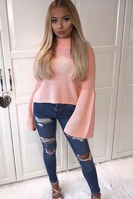 Pink High Neck Flared Sleeve Jumper - Aloni