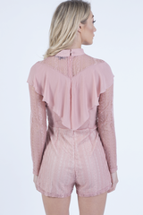 Pink High Neck Frill Lace Playsuit - Katie-Playsuits