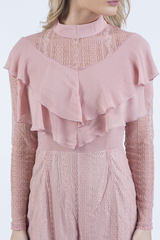 Pink High Neck Frill Lace Playsuit - Katie-Playsuits