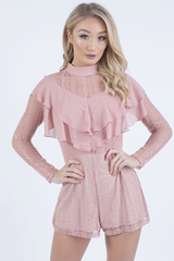 Pink High Neck Frill Lace Playsuit - Katie-Playsuits