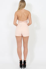 Pink High Neck Mesh Detail Playsuit - Kacey-Playsuits