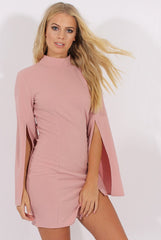 Pink High Neck Split Sleeves Bodycon Dress - Lumi-Dresses
