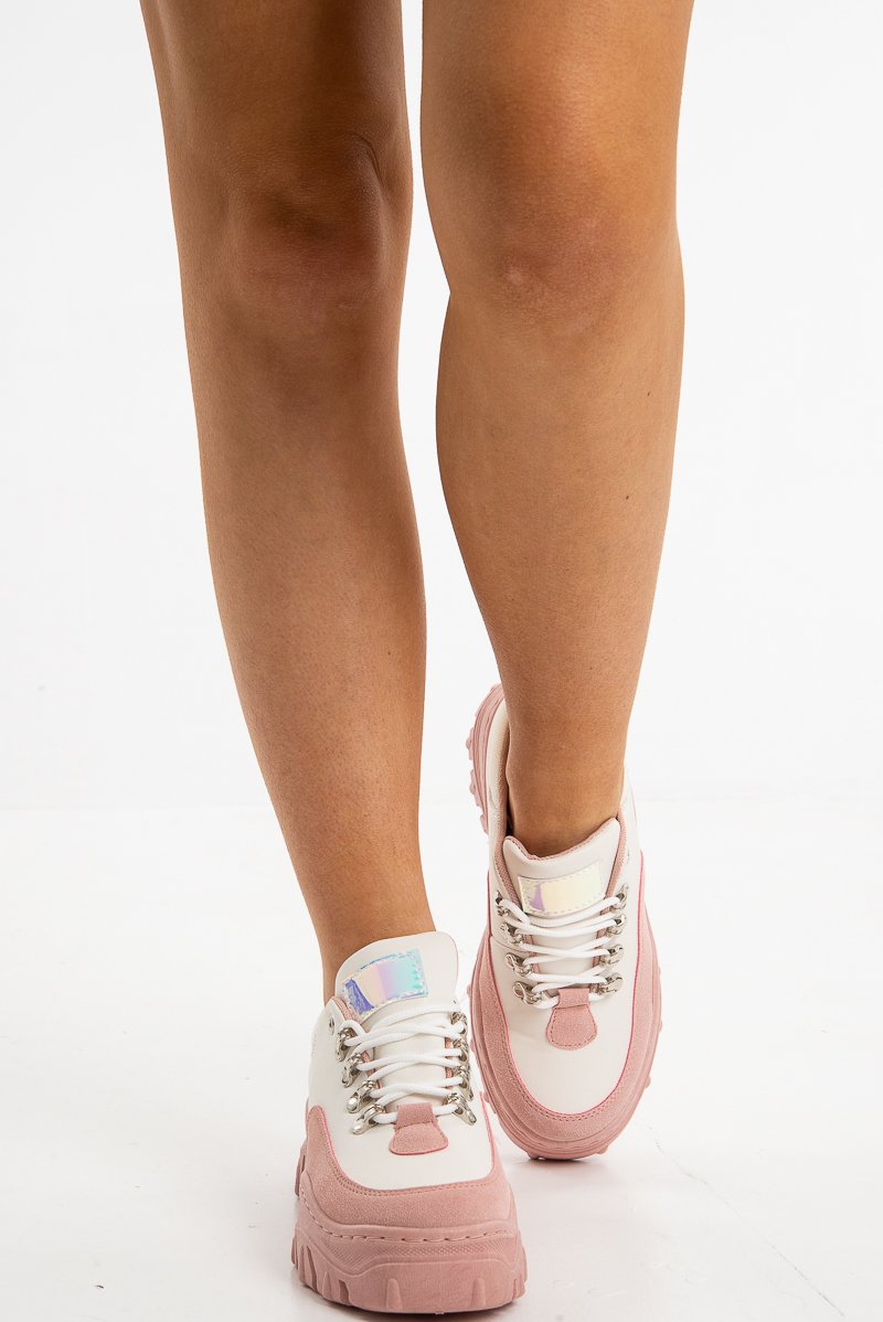 Pink Hiker Detail Lace Up Chunky Trainers - Malisha-Trainers