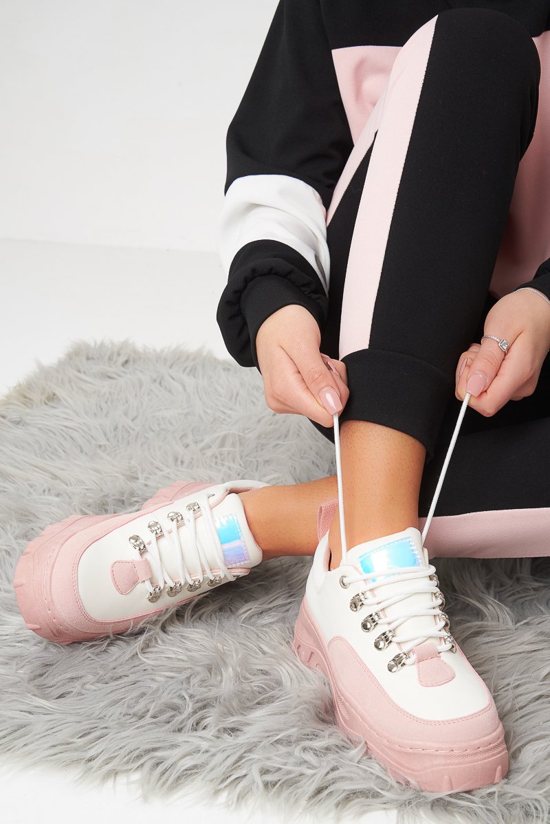 Pink Hiker Detail Lace Up Chunky Trainers - Malisha-Trainers