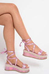 Pink Holographic Lace Up Wedges - Nika-Wedges