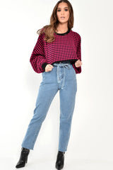 Pink Hounds Tooth Cropped Batwing Jumper - Lizy-Crop Jumper