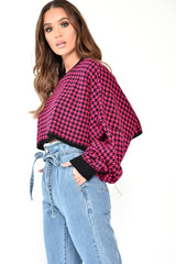 Pink Hounds Tooth Cropped Batwing Jumper - Lizy-Crop Jumper