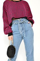 Pink Hounds Tooth Cropped Batwing Jumper - Lizy-Crop Jumper