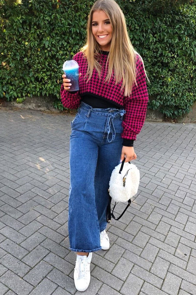 Pink Hounds Tooth Cropped Batwing Jumper - Lizy-Crop Jumper