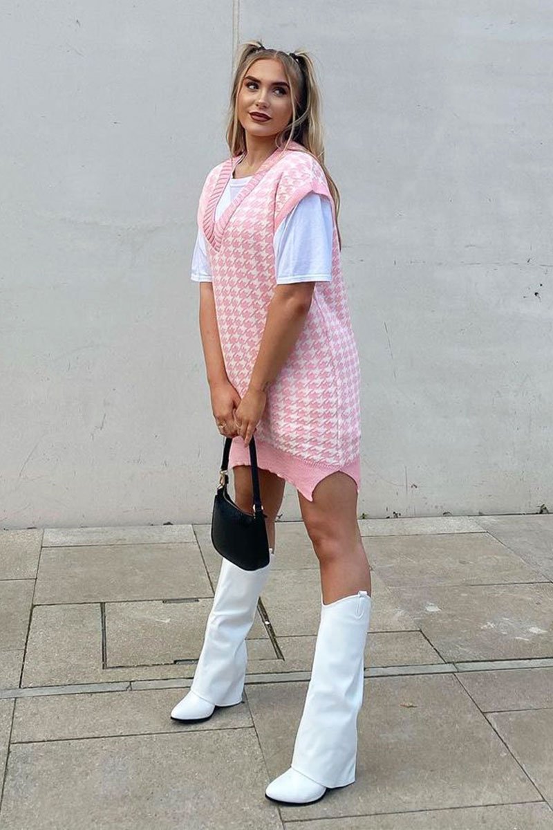 Pink Houndstooth Knit Vest - Hazel-Jumper