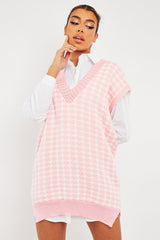 Pink Houndstooth Knit Vest - Hazel-Jumper