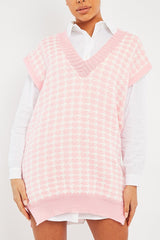 Pink Houndstooth Knit Vest - Hazel-Jumper