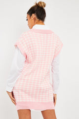 Pink Houndstooth Knit Vest - Hazel-Jumper