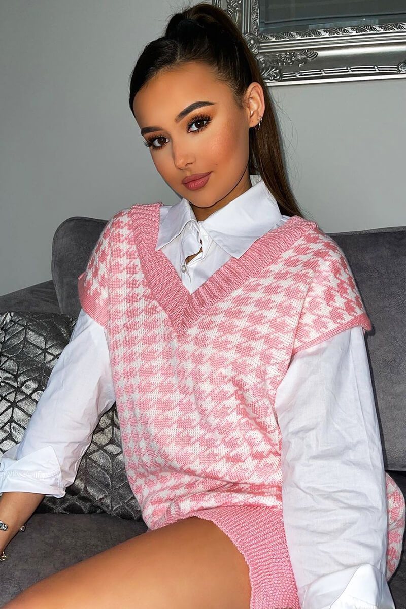 Pink Houndstooth Knit Vest - Hazel-Jumper