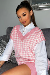 Pink Houndstooth Knit Vest - Hazel-Jumper