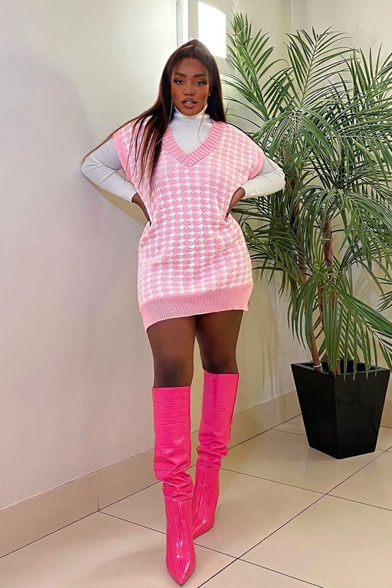 Pink Houndstooth Knit Vest - Hazel-Jumper