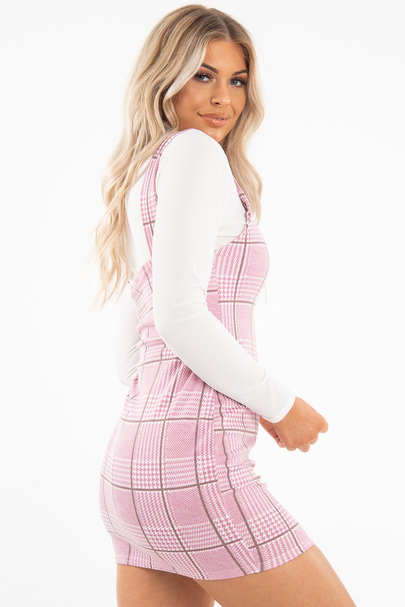 Pink Houndstooth Straight Neck Crepe Mini Dress - Khalie-Dresses