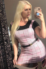 Pink Houndstooth Straight Neck Crepe Mini Dress - Khalie-Dresses