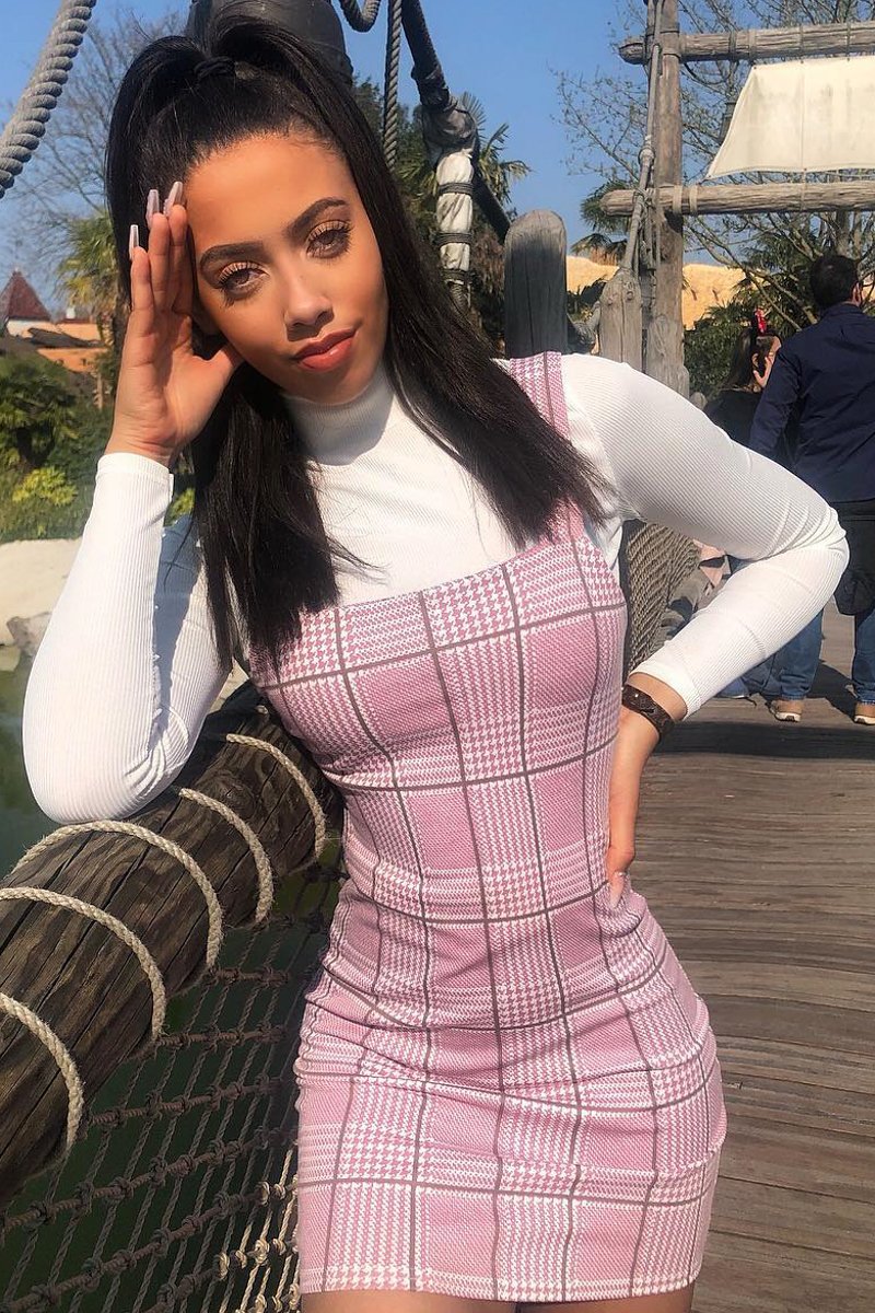 Pink Houndstooth Straight Neck Crepe Mini Dress - Khalie-Dresses
