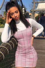 Pink Houndstooth Straight Neck Crepe Mini Dress - Khalie-Dresses