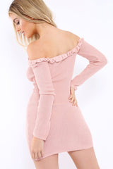 Pink Knit Bardot Midi Dress - Brianna-Dresses