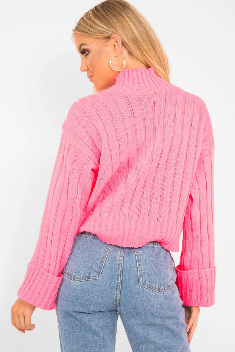 Pink Knit High Neck Jumper - Jaelynn-Jumper