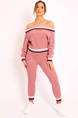 Pink Knitted Bardot Jumper Legging Loungewear Co-ord - Neala-Co-ords