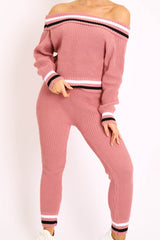 Pink Knitted Bardot Jumper Legging Loungewear Co-ord - Neala-Co-ords