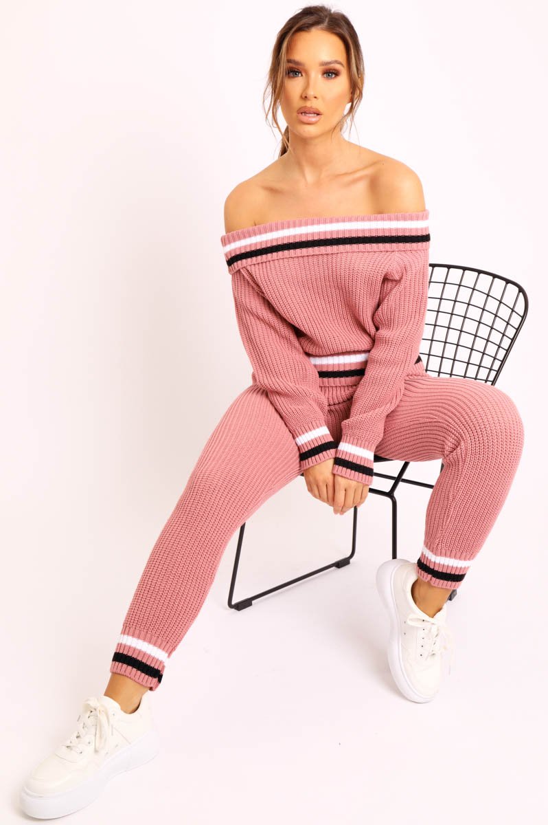Pink Knitted Bardot Jumper Legging Loungewear Co-ord - Neala-Co-ords
