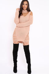 Pink Knitted Cut Out Front Cold Shoulder Distressed Jumper Dress - Jamie-Jumper