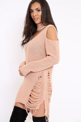 Pink Knitted Cut Out Front Cold Shoulder Distressed Jumper Dress - Jamie-Jumper